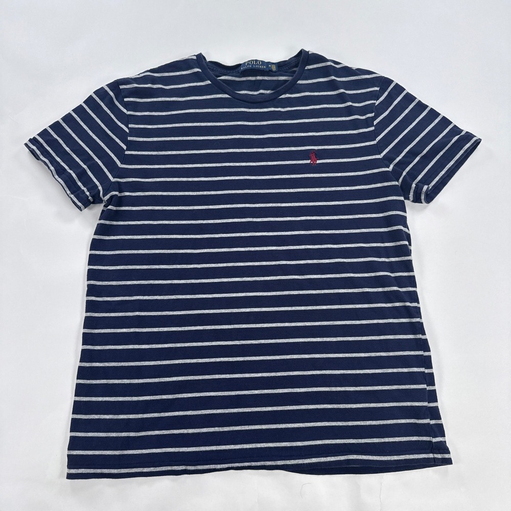 Polo Ralph Lauren Mens T Shirt Medium Navy Grey Striped Crewneck Short Sleeve